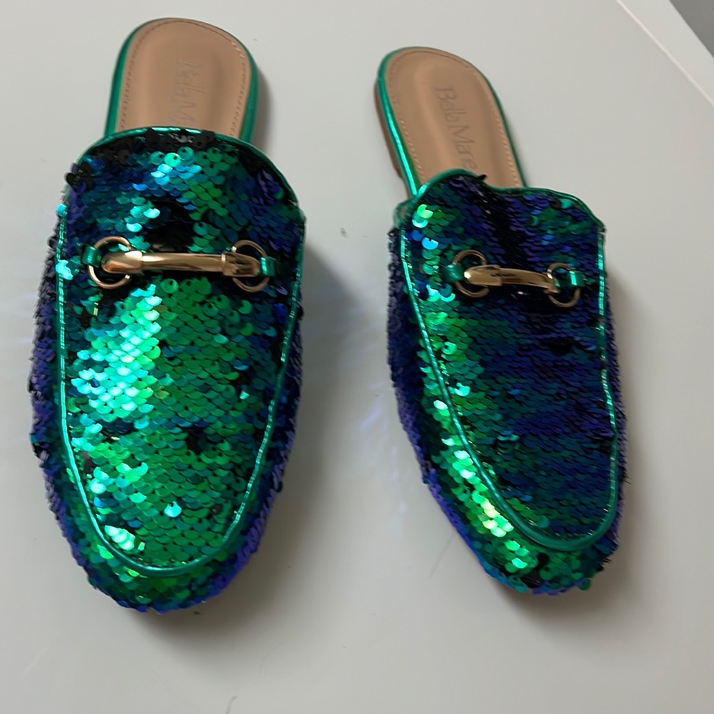 Bella Marie leather flats with peacock sequins perfect never worn
